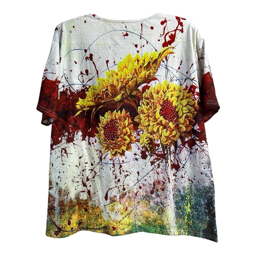 Women’s Vibrant Floral Sunflower V-Neck T-Shirt, Large - Picture 3 of 3